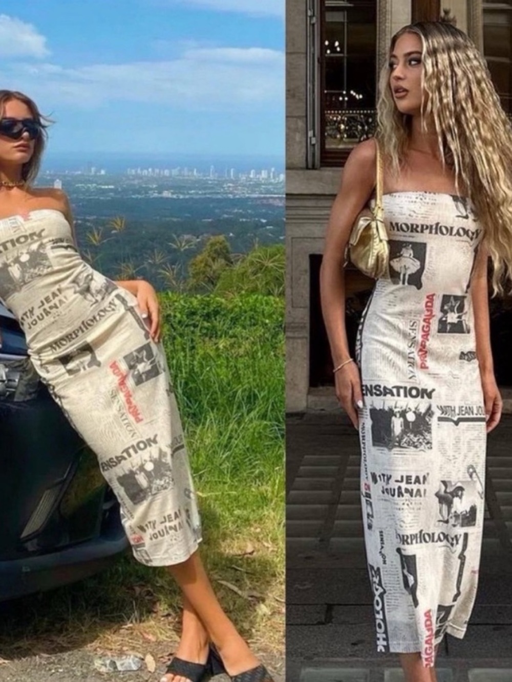 With Jean Frankie Strapless Midi Dress in Read All About It Newspaper Print